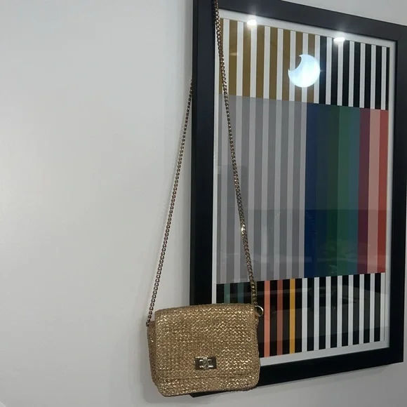 Mini Woven Crossbody Bag! Chain Link Strap. Turn Lock Closure. Metallic Gold - Picture 5 of 15